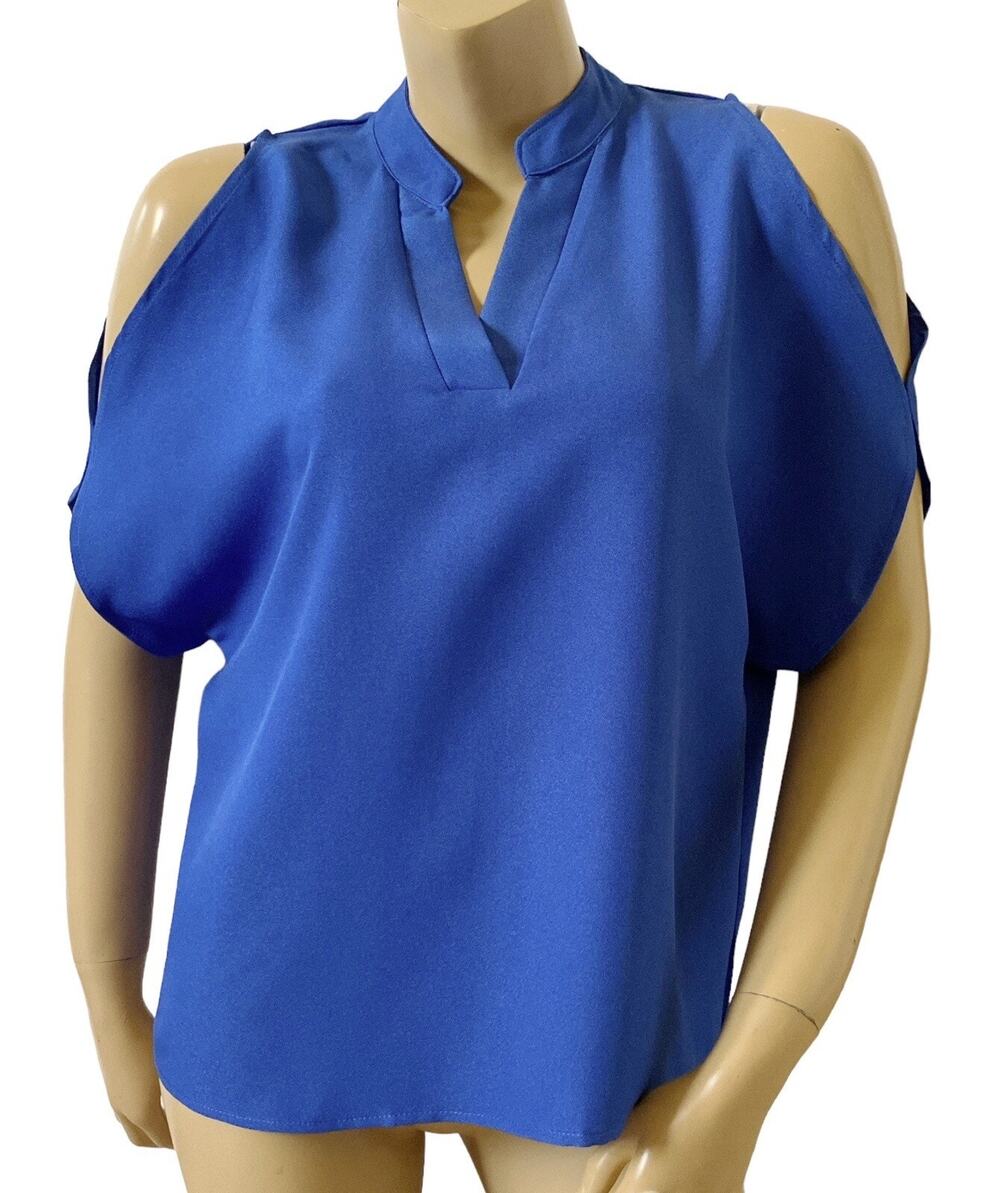 Shein Cold Shoulder Blouse Womens Medium Blue V Neck Short Sleeve Lightweight
